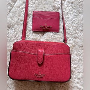 Kate Spade red single strap purse with matching credit card holder
